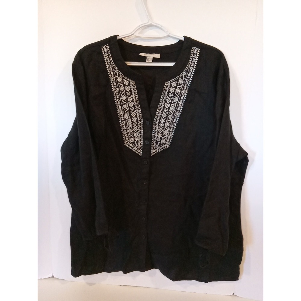 JM Collection Top Women 18 Black 100% Linen Button Up V Neck 3/4 Sleeve Floral